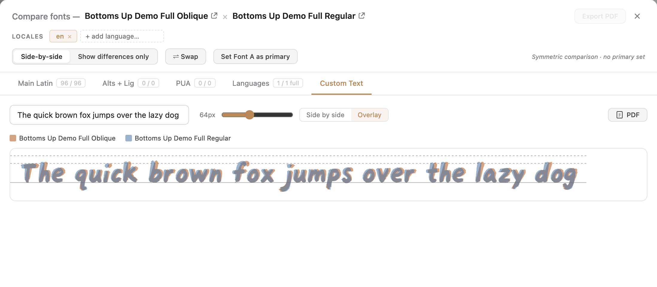 New custom text comparison tab showcasing 2 fonts rendered in the same text super imposed, one on top of the other