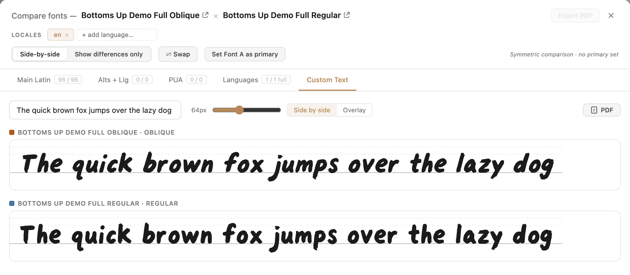 New custom text comparison tab showcasing 2 fonts rendered in the same text side by side