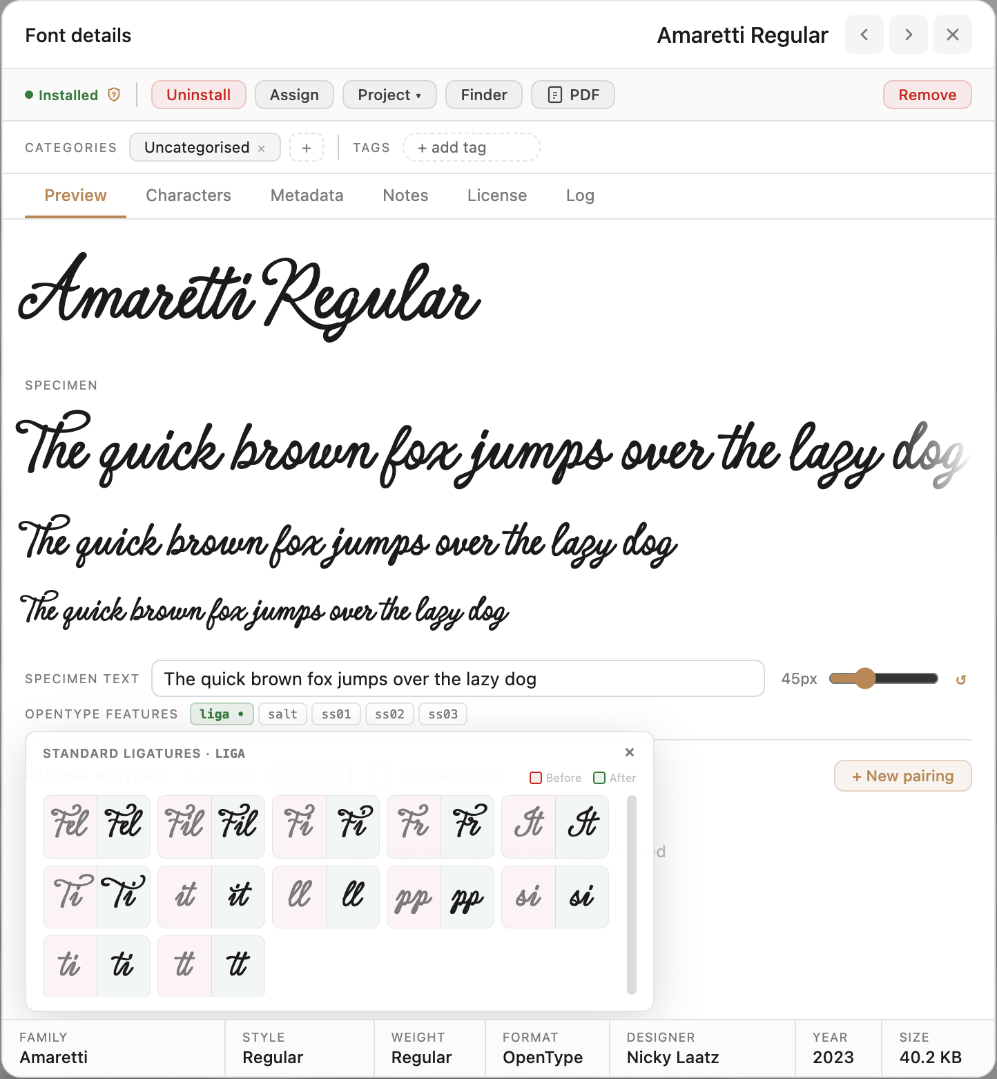 The font details dialog in FontCurator showing the improved toolbar, navigation, waterfall specimen and OpenType features panel