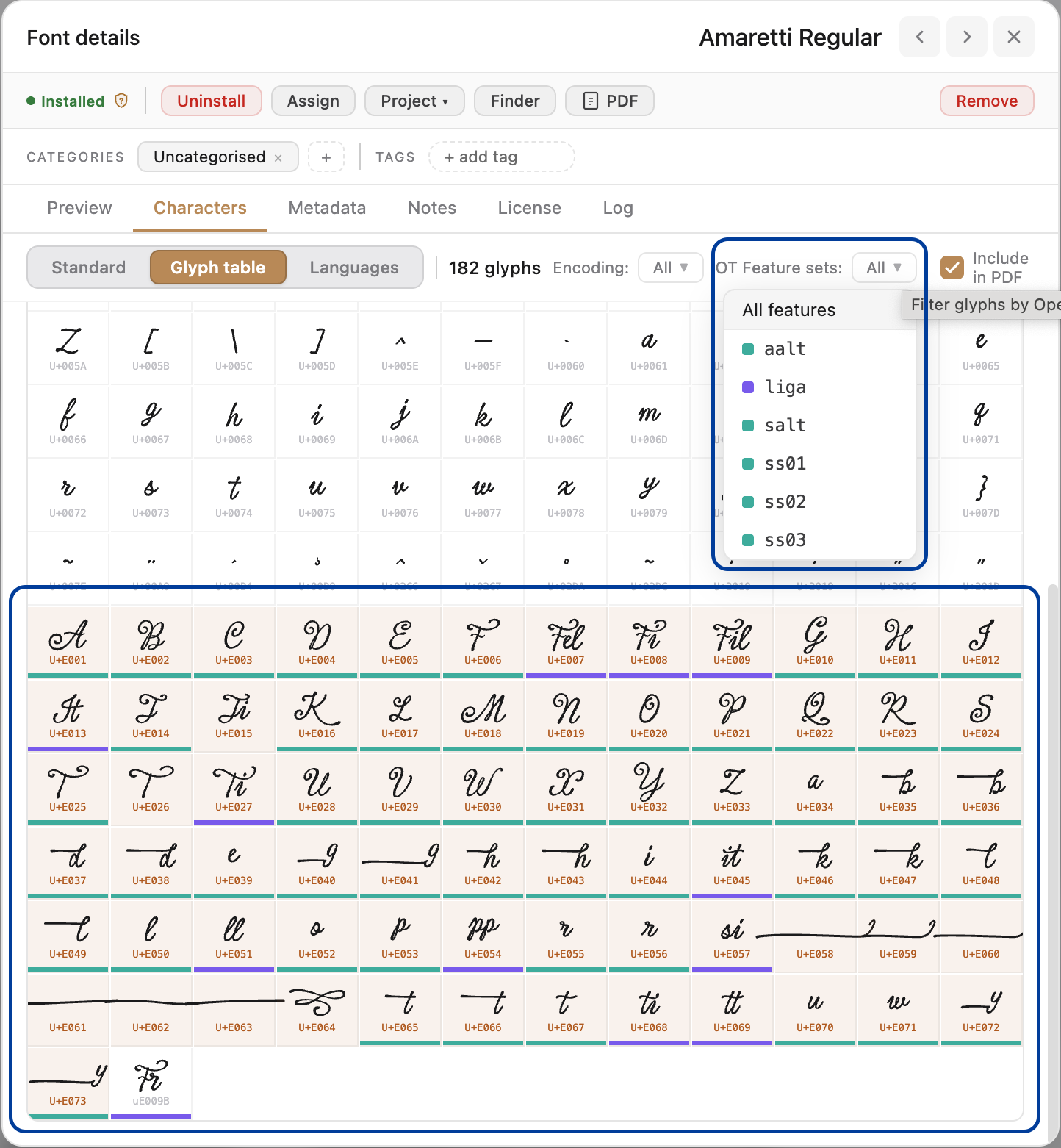 The FontCuratory Glyph Table showcasing all the glyphs a font has, their encoding and open type features.