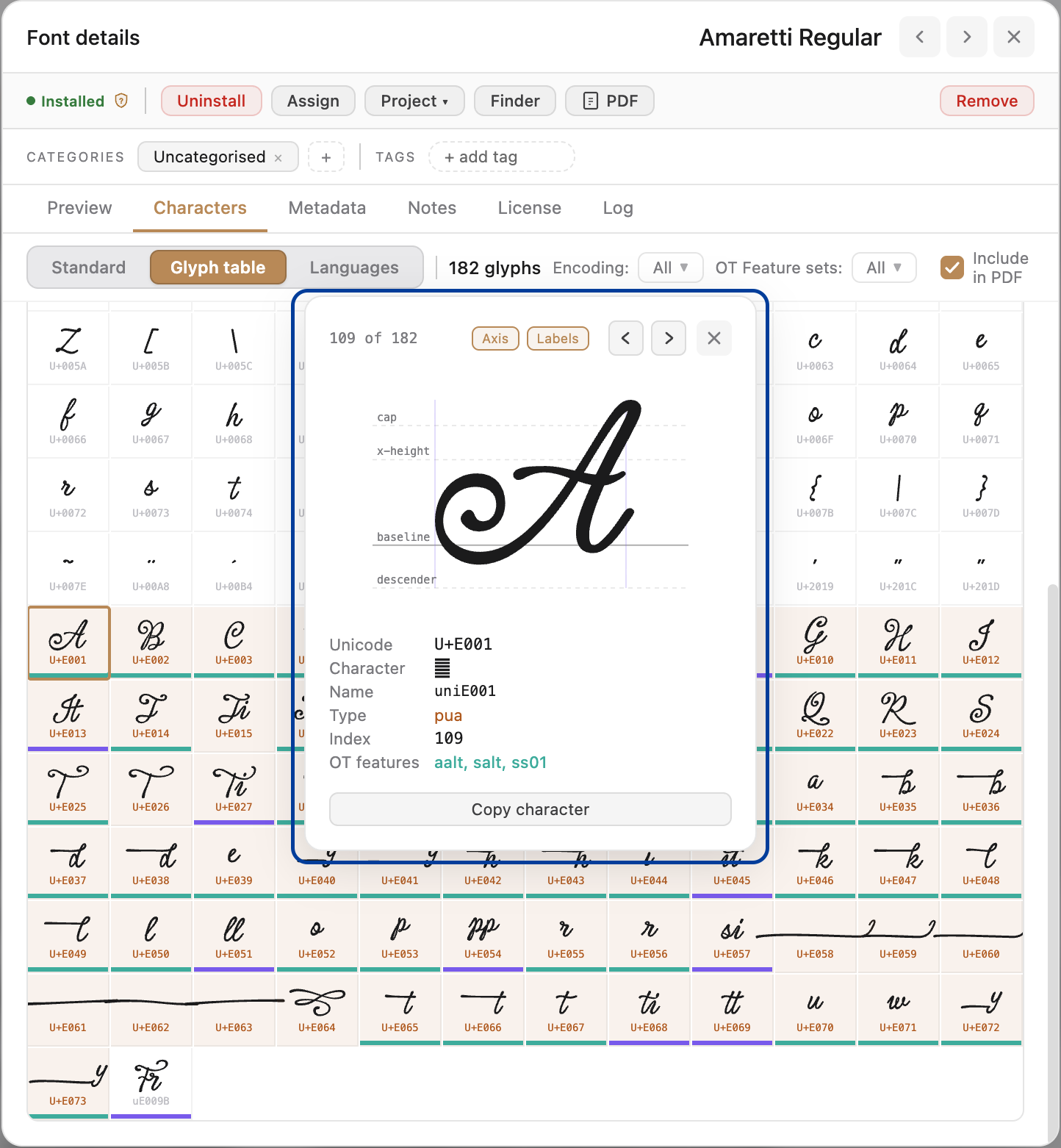 The single glyph zoom dialog in FontCurator showcasing the new typographic axis.