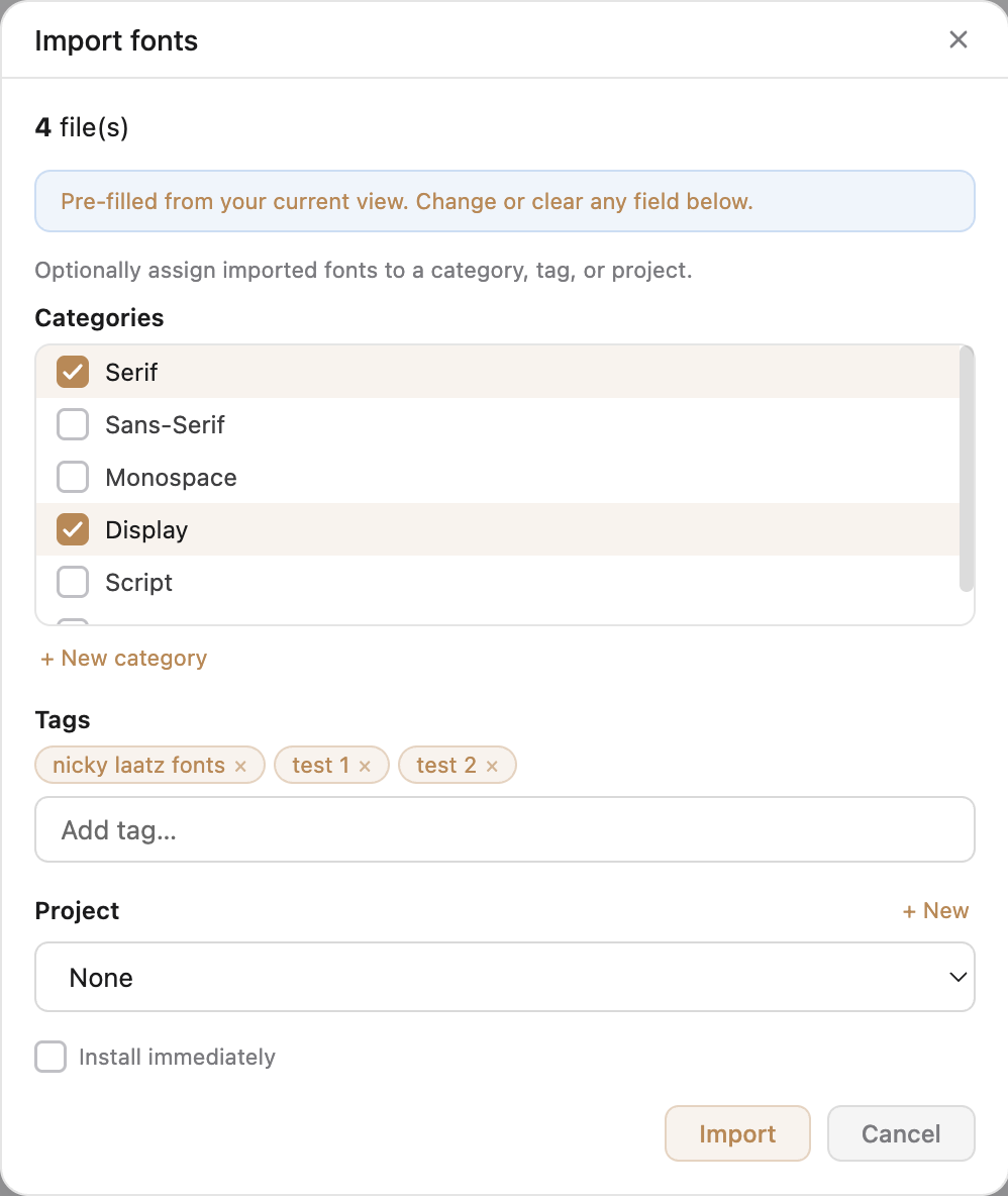 Image showing the new import dialog with multiple category and tag assignments