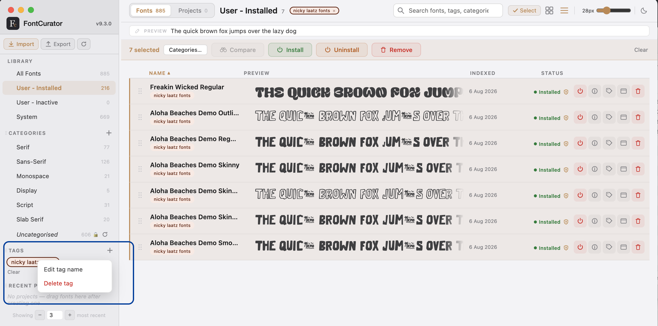 The tag management context menu options on the FontCurator sidebar when right clicking a tag