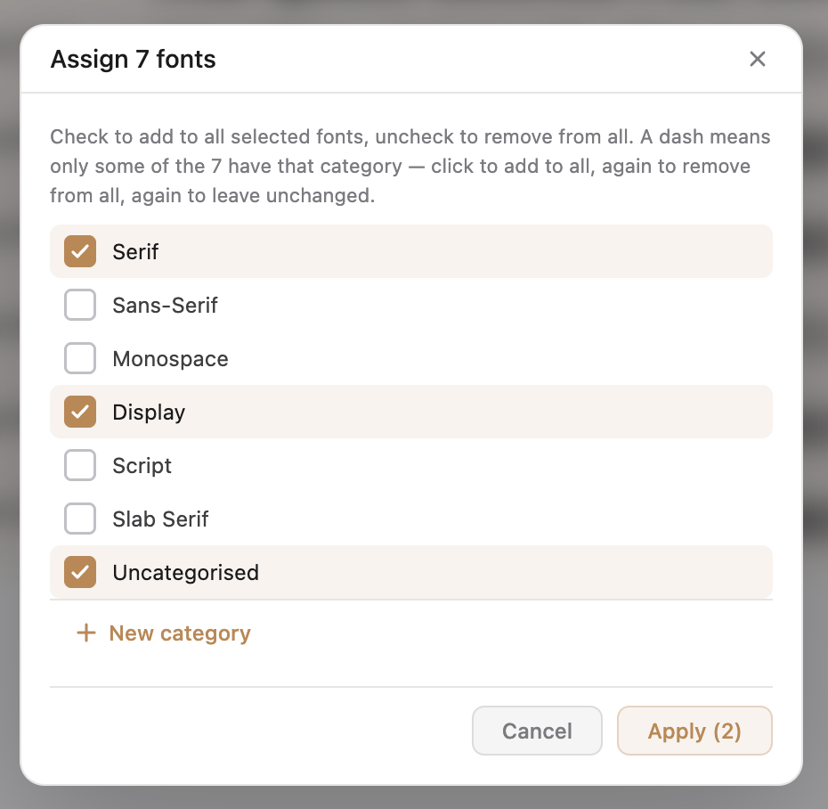 The category assignment dialog launched from the Select Toolbar for subscribing or unsubscribing a selection to multiple categories