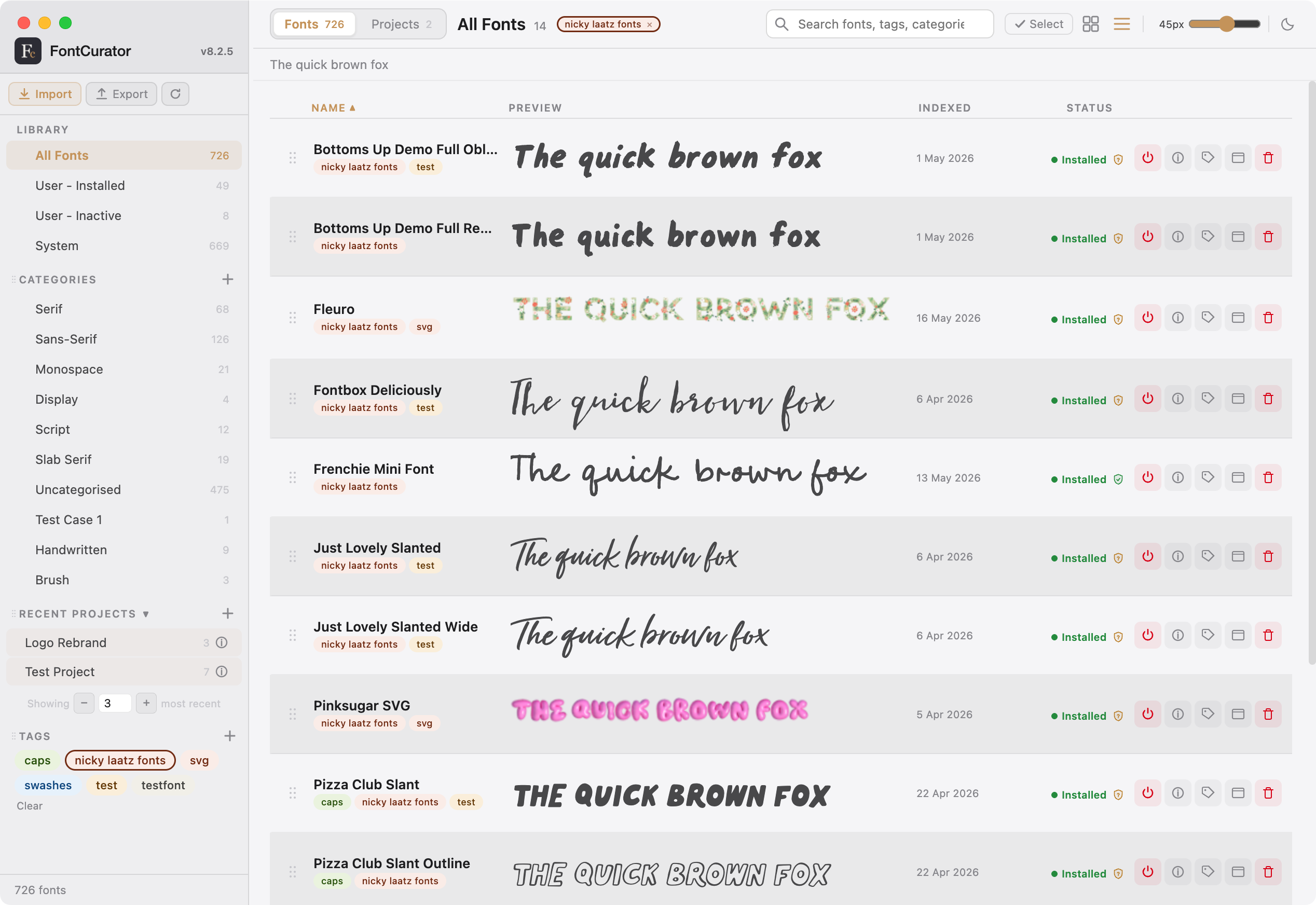 FontCurator library view with sidebar filters and tag chips applied — categories, foundries, formats, and language-coverage facets in context.
