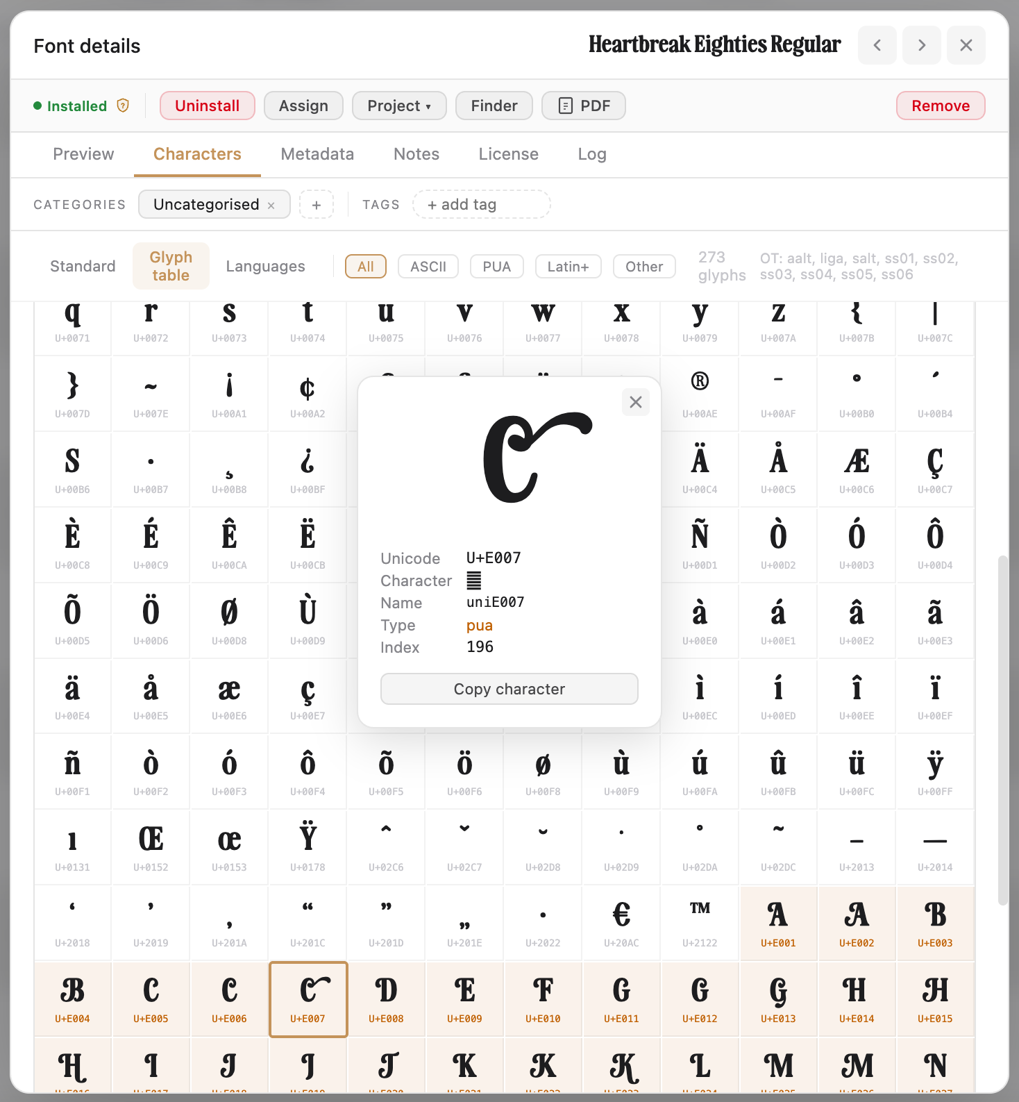 Font Detail Characters tab, Glyph table sub-view, with filter controls and OpenType feature toggles.