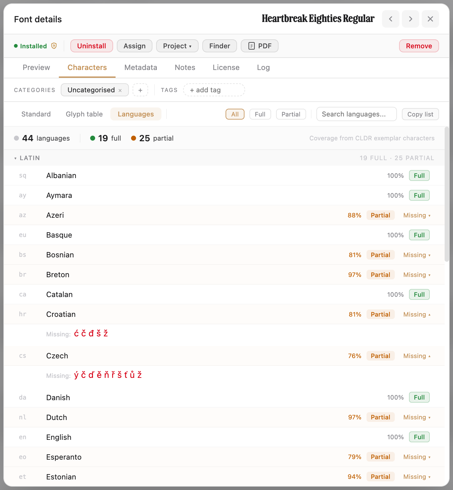 Font Detail Languages sub-tab — CLDR-based coverage analysis, scripts grouped, supported and partial languages listed with missing-character call-outs.