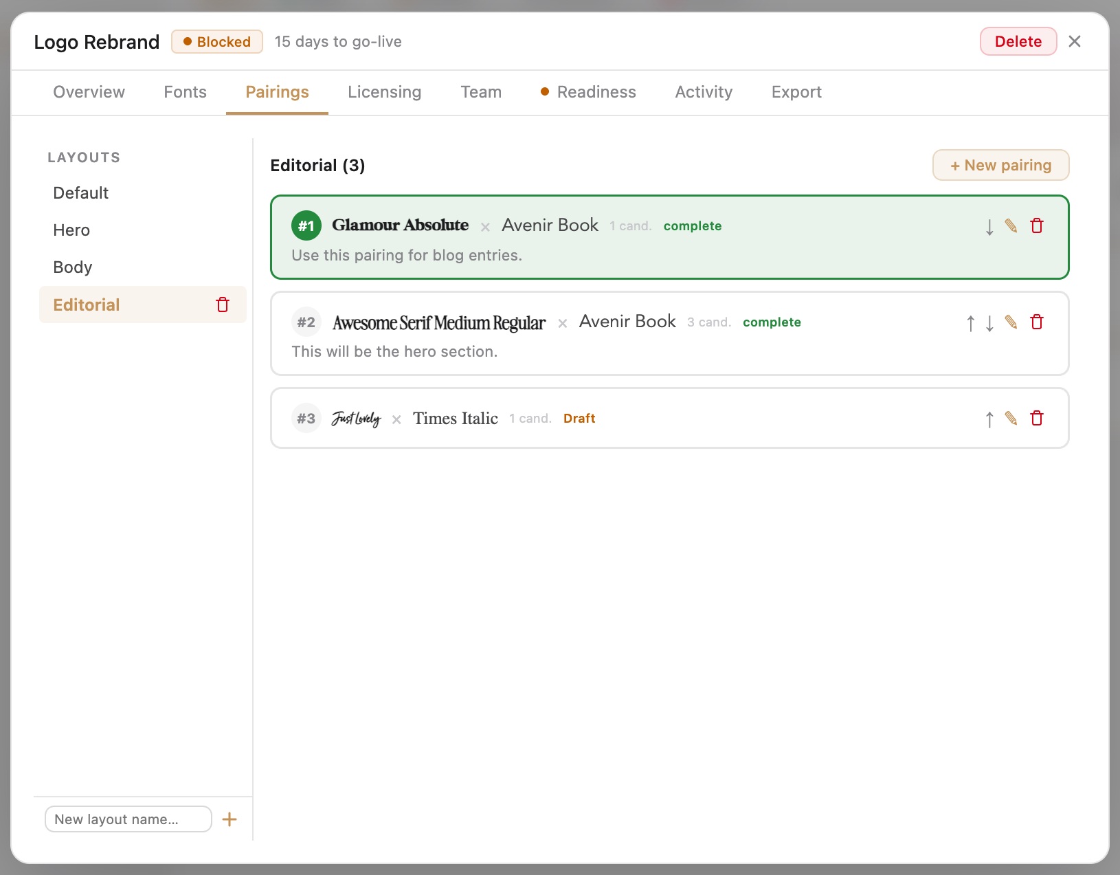 A project's Pairings tab — pairings grouped by layout context with primary-candidate badges, each card showing the headline and body fonts large with their names and sizes.