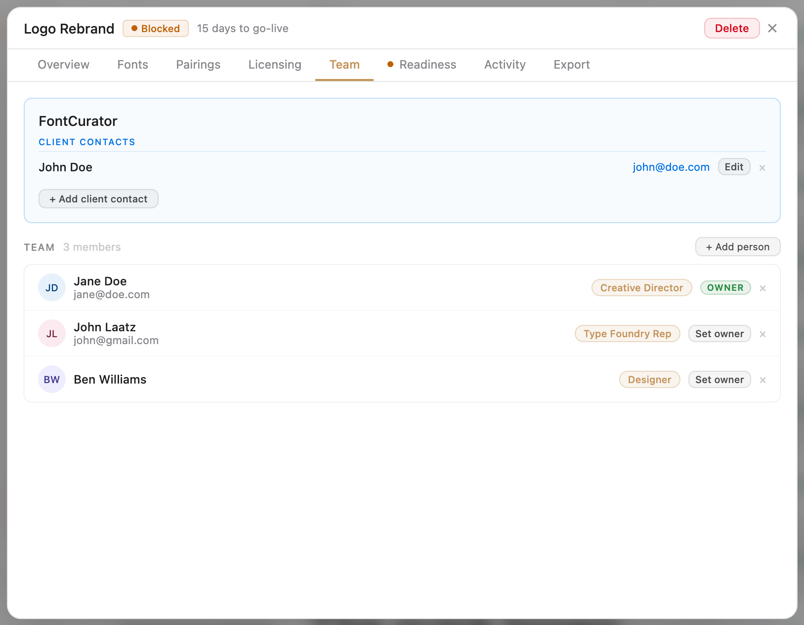 Project Team tab — Project Owner at the top, Team Members in the middle as cards with roles, and Client Contact at the bottom with organisation and primary contact details.