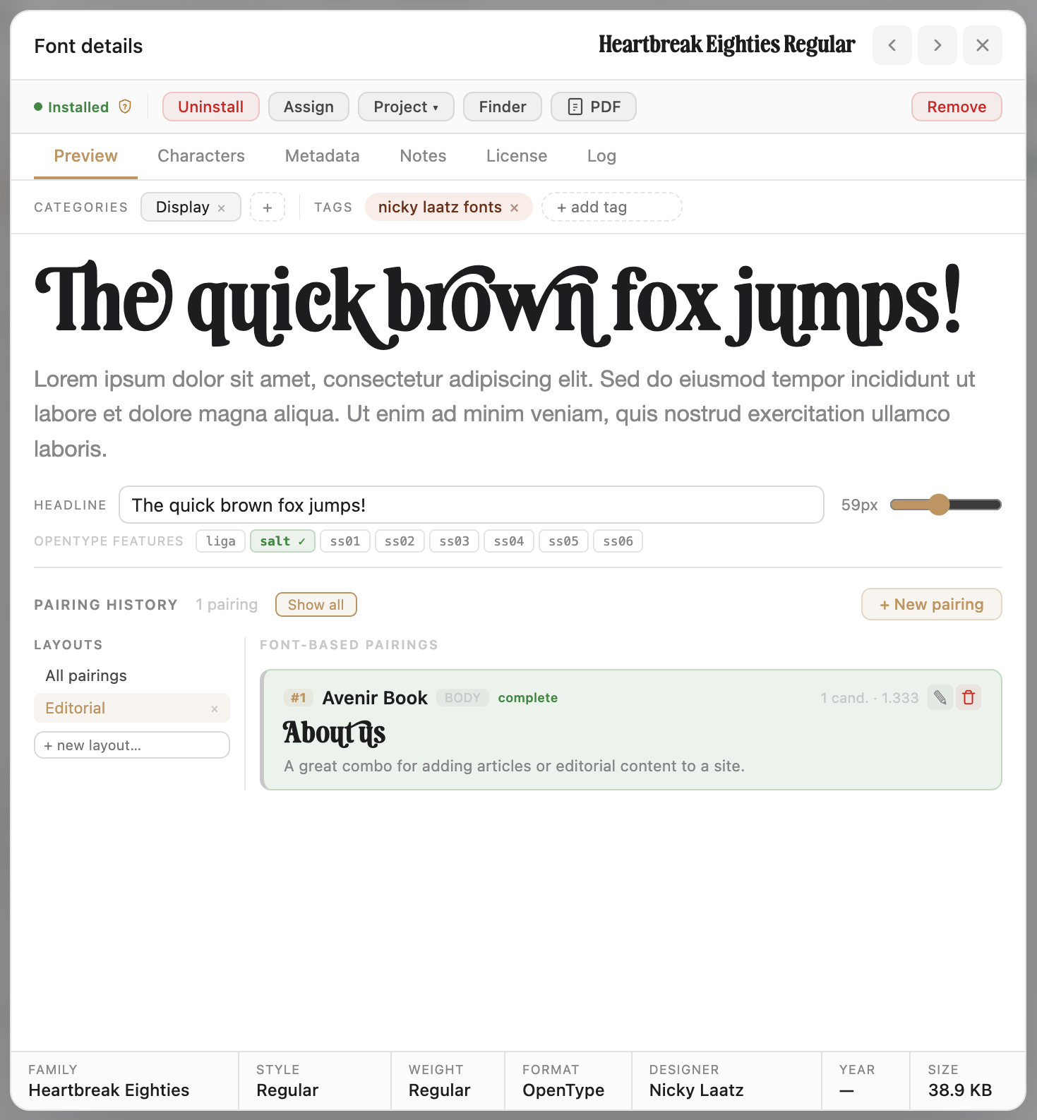 Font Detail Preview tab — a live specimen at the top, a row of toggleable OpenType feature chips below the canvas, and a saved-pairings panel grouped by layout context.