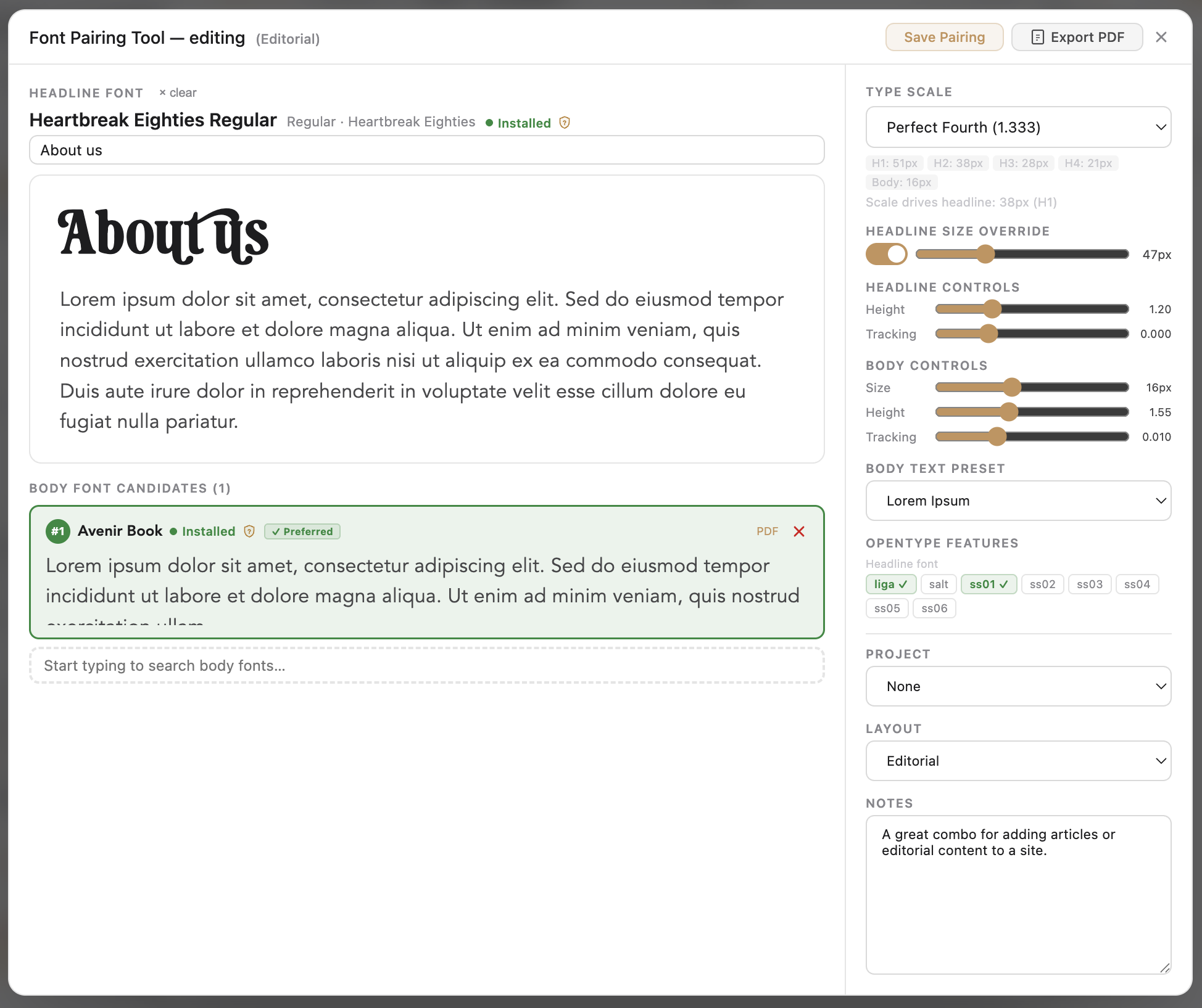 Pairing creation dialog opened from a font's Pairings panel — headline specimen at the top, body-font search and specimen below, size, line-height and letter-spacing controls, custom preview-text field, and a layout-context selector.