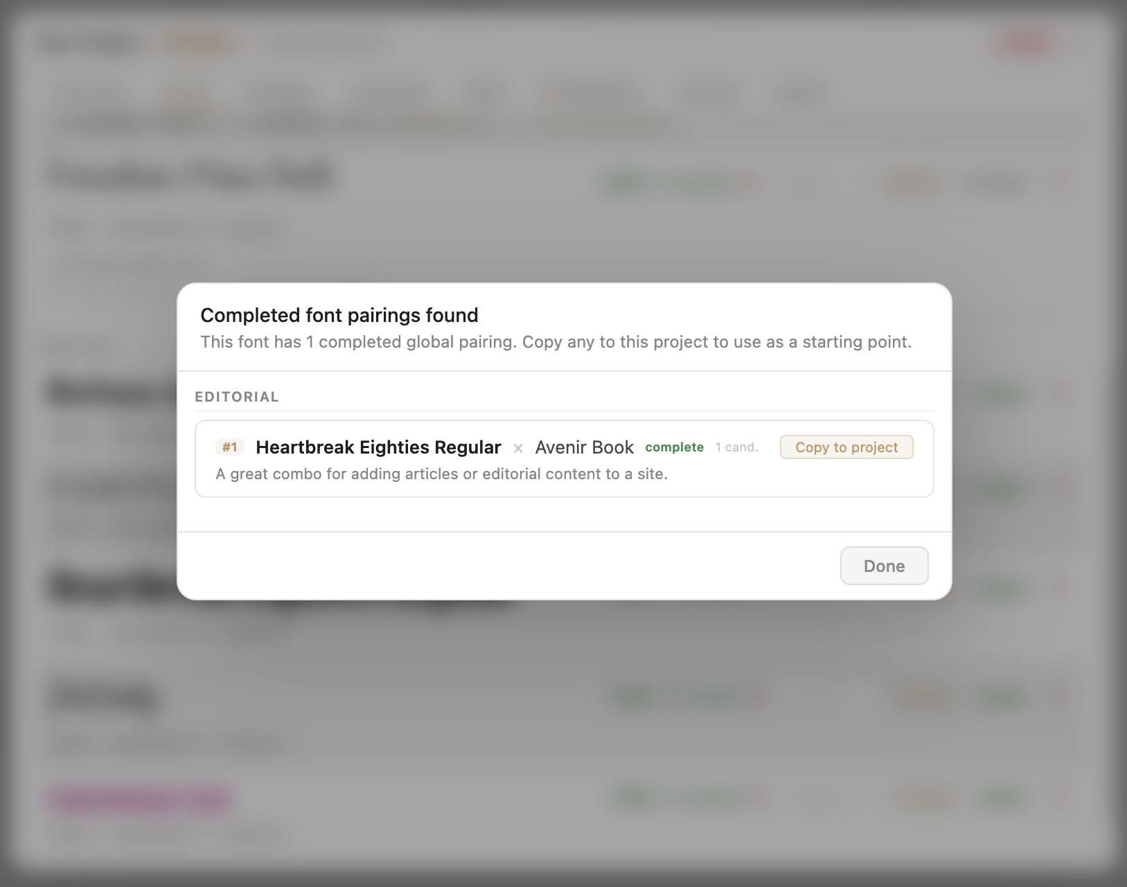 Modal dialog listing every pairing catalogued against the font being added to a project — each entry rendered live with a checkbox and layout-context selector, with an Import Selected button at the bottom.